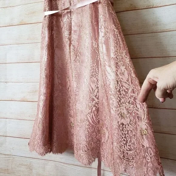 Ann Taylor Lace Metallic Ribbon Strap Dress Eyelash Lace Hem Size 6 Blush Pink - Picture 5 of 13